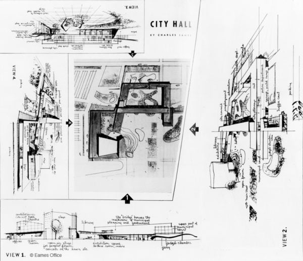 "The design of the city hall is conceived as an integral part of the city plan. Located at the end of the new mall, it fits admirably into this natural position. The inter-penetration of public spaces, parks, and the purely administrative functions of government symbolizes a truly democratic type of community, of which this group of buildings becomes the center." - Charles Eames