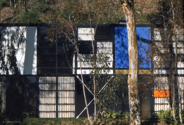 Exterior view of the Eames house showing some of the colored paneling and architectural design