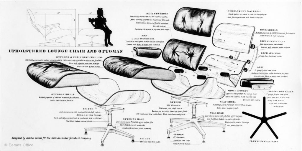 An exploded view diagram of the Eames Lounge Chair and ottoman.