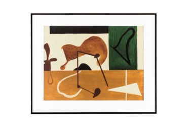 A framed print of Ray Eames' c. 1940 painting "Organic Shapes A", as seen at the 2021 Isetan exhibition in Tokyo, Japan.