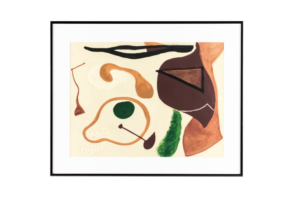 A framed print of Ray Eames' c. 1940 painting, "Organic Shapes C," as seen at the 2021 Isetan exhibition in Tokyo, Japan.