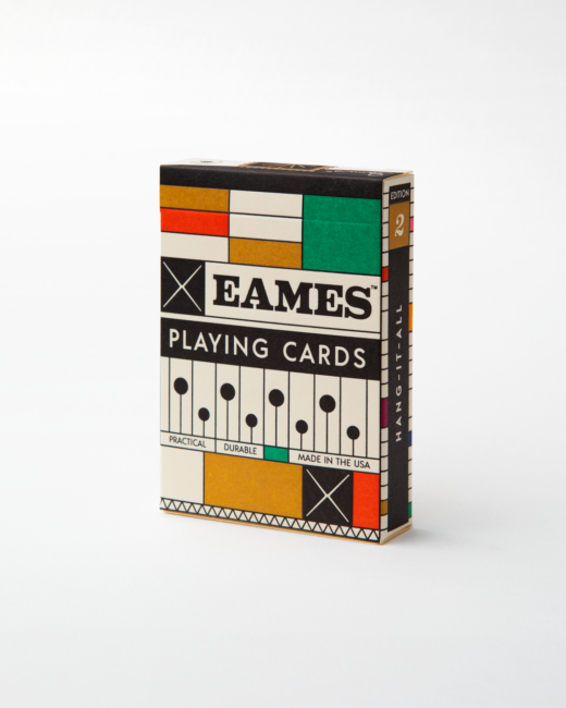 The Front of the Eames Hang-It-All Playing Cards box standing upright on a white background